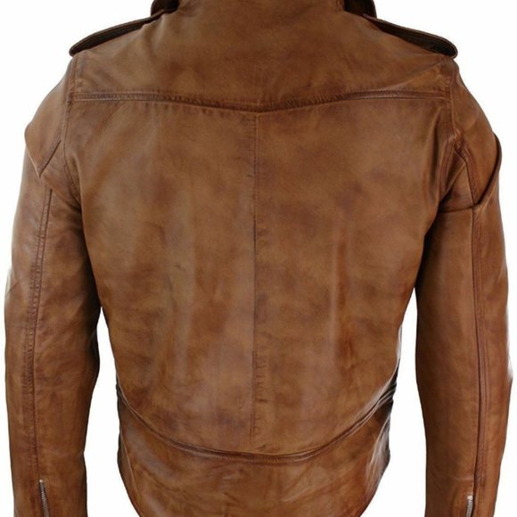 Men's Tan Brando Motorcycle Leather Jacket - Picture 2 of 2